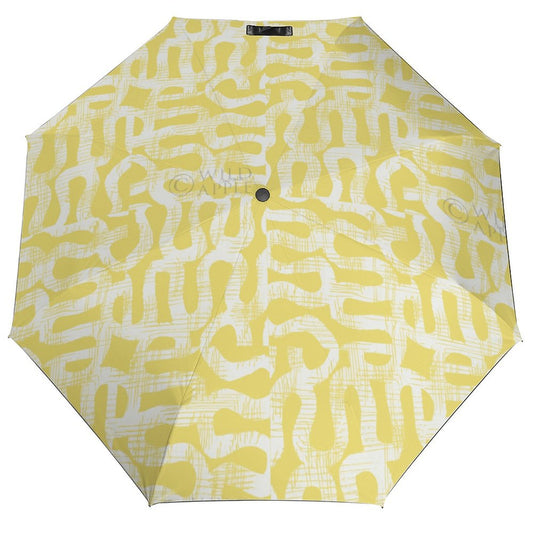Yellow and white patterned 3-fold umbrella with abstract design, sun and rain protection, perfect gift