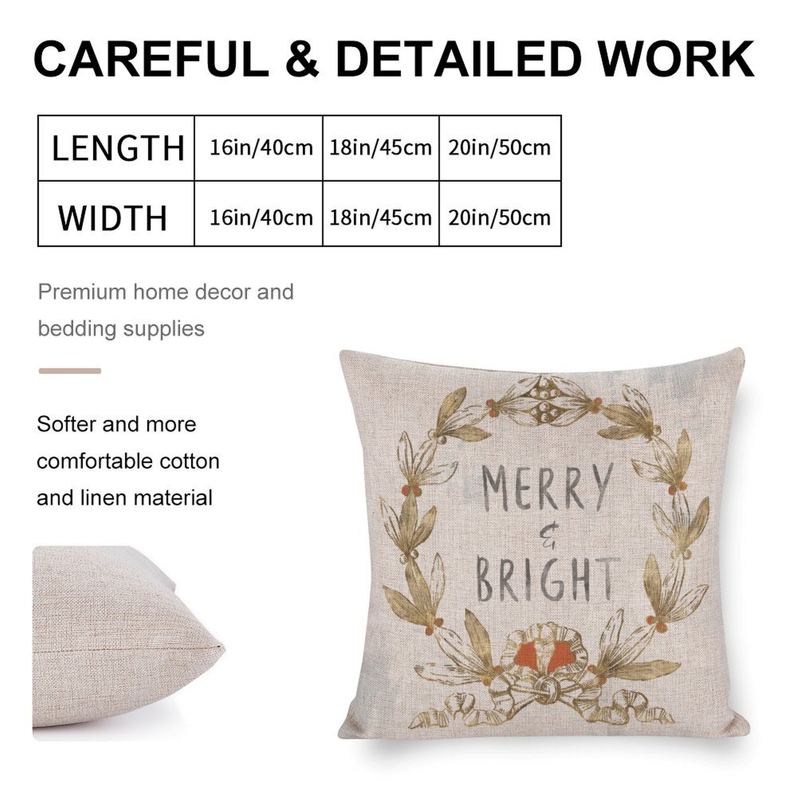 Christmas cotton linen pillow cover, "MERRY & BRIGHT" text and wreath design, holiday home decor, various sizes available
