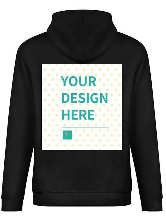 Black men's stick hooded sweatshirt with custom design on the back. Personalized gift option.