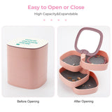 Personalized pink rotatable jewelry box with mirror and compartments, ABS material, easy to open