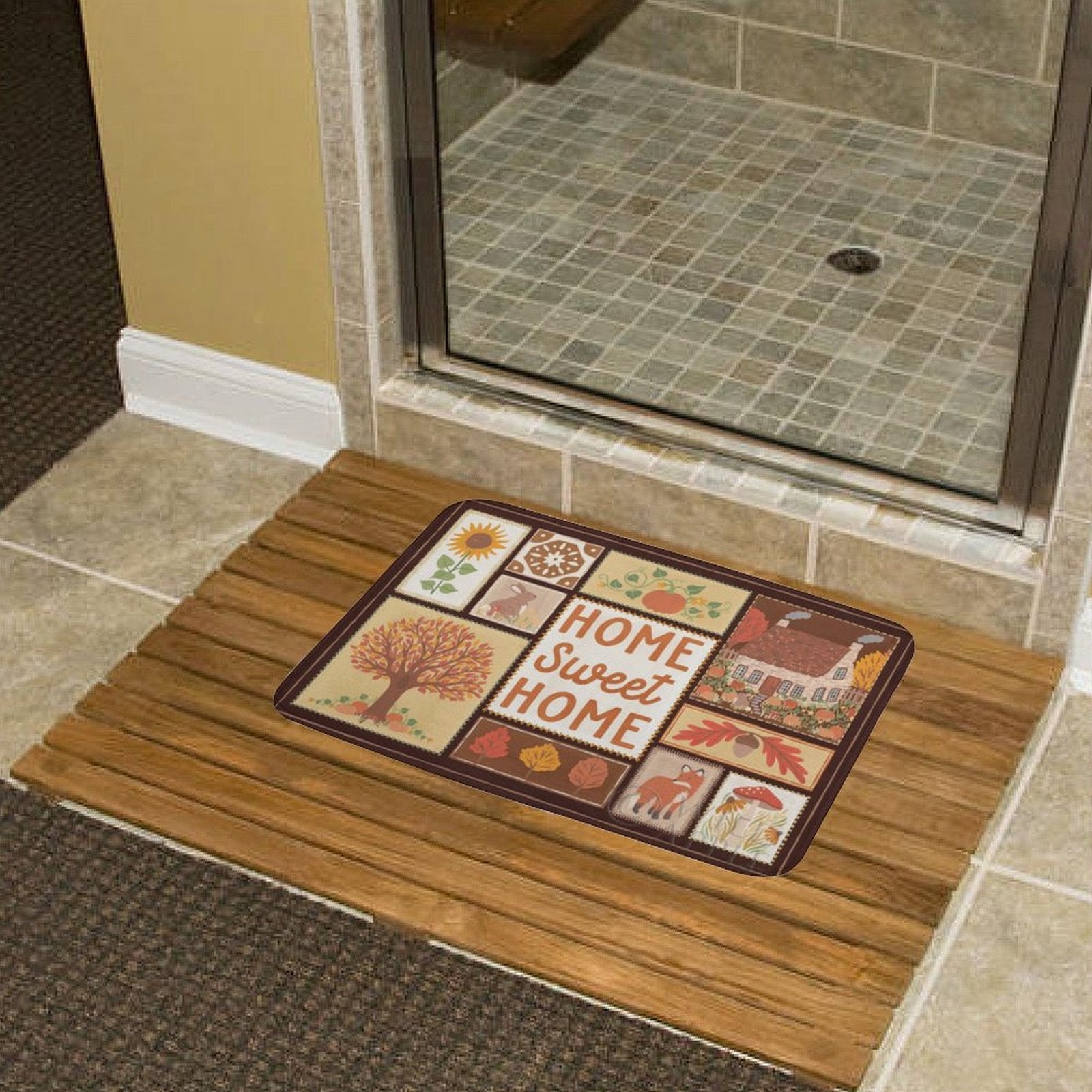 Coral velvet bath rug with autumn design and 'HOME Sweet HOME' text for bathroom