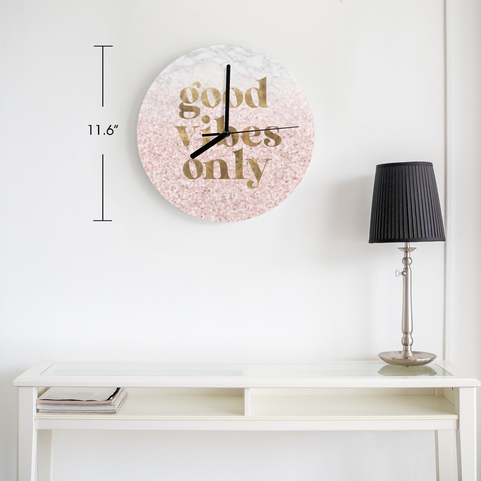 Pink MDF wall clock with 'Good Vibes Only' text, perfect for kitchen or office decor