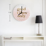 Pink MDF wall clock with 'Good Vibes Only' text, perfect for kitchen or office decor
