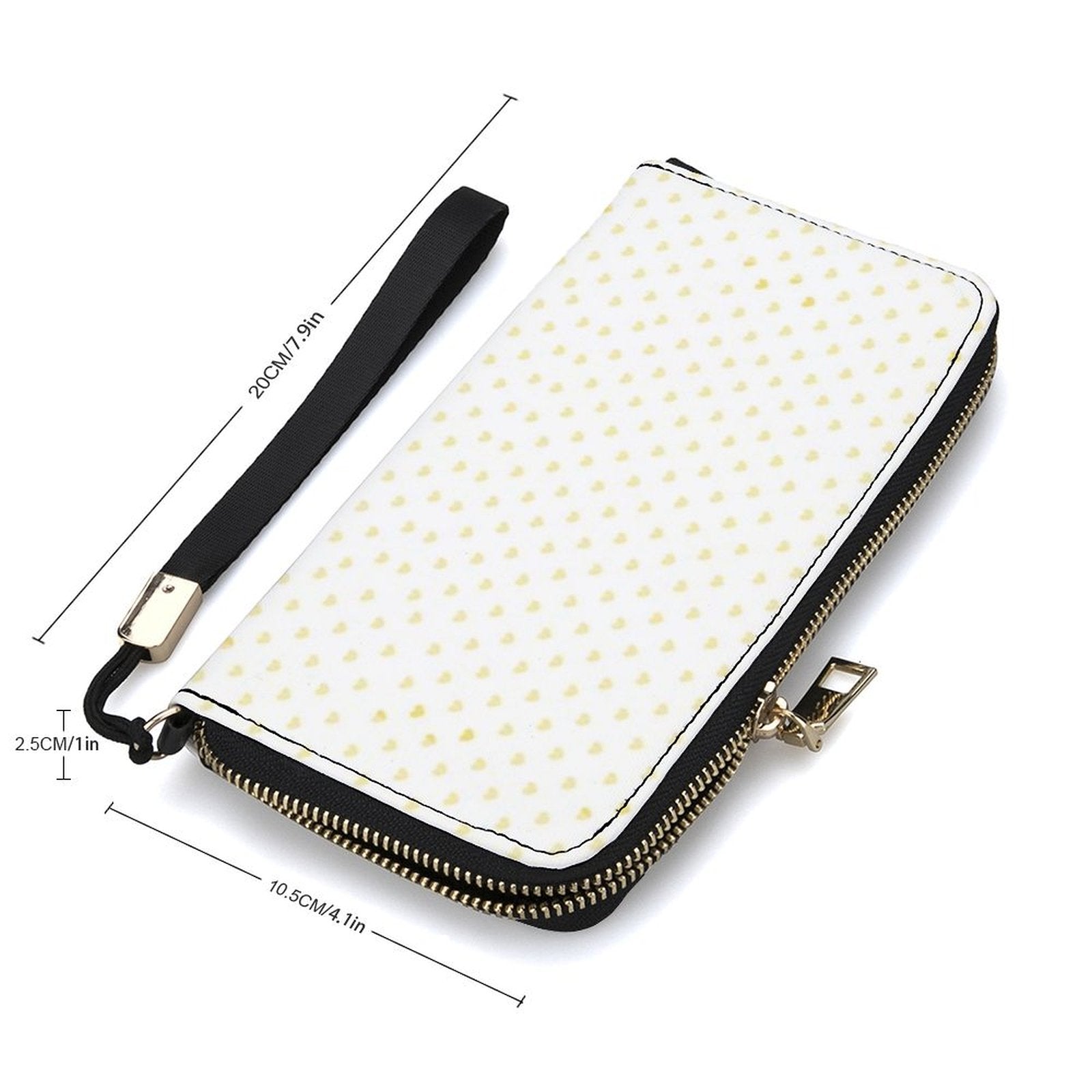 Custom long wallet, white PU leather purse with heart pattern, zipper closure, and wrist strap, for men and women