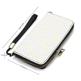 Custom long wallet, white PU leather purse with heart pattern, zipper closure, and wrist strap, for men and women