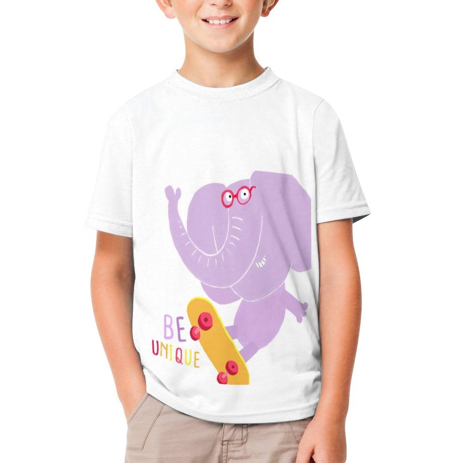 Kids' white short sleeve t-shirt with purple elephant graphic skateboarding and BE UNIQUE text.