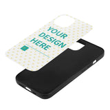Custom iPhone 14 case with personalized design and text 'YOUR DESIGN HERE'. Black TPU and glass cover case - MyArtsyGift.com