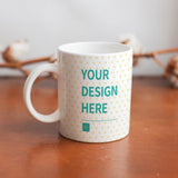 Customizable white ceramic mug with 'YOUR DESIGN HERE' text, personalized gift, perfect for men & women, MyArtsyGift.