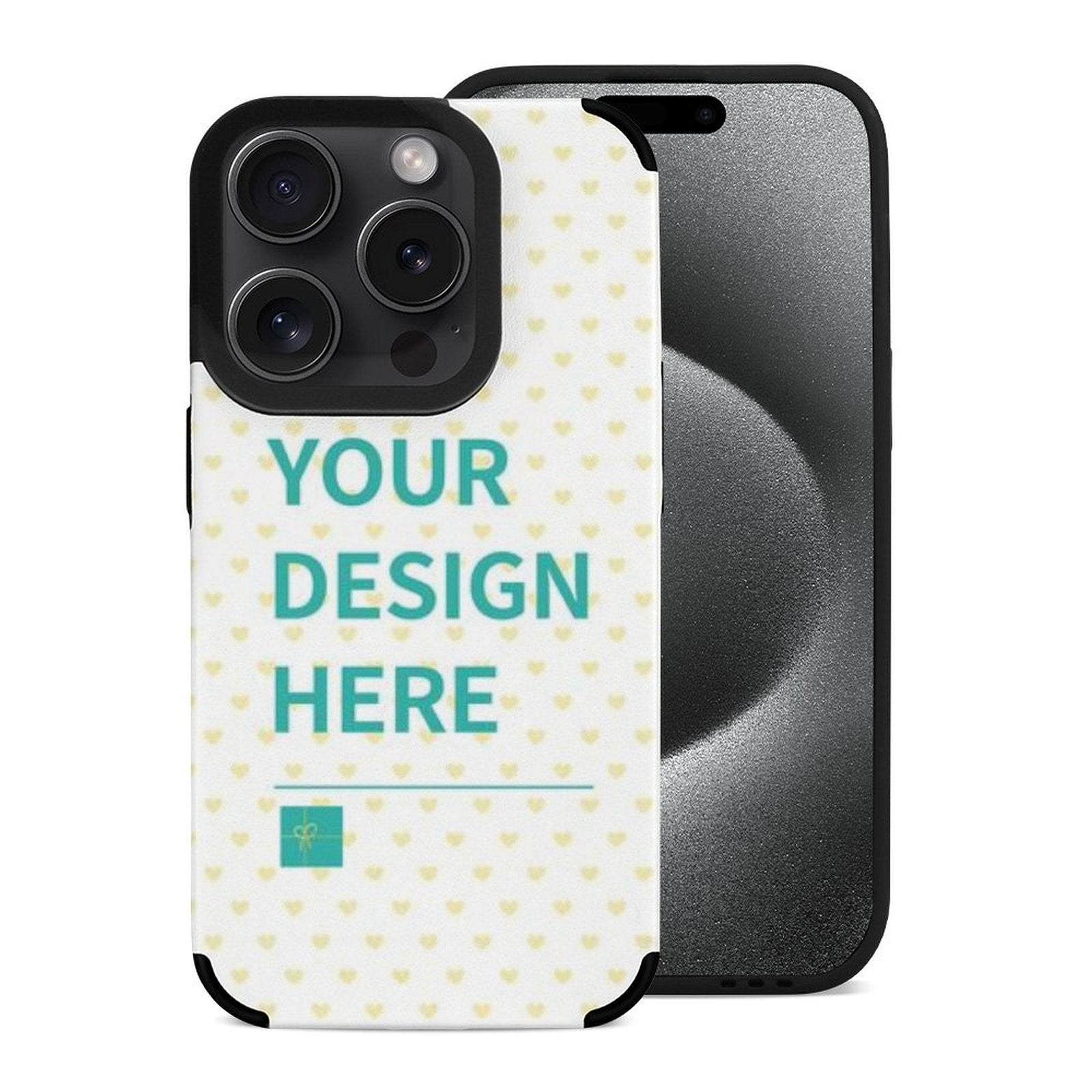 Custom iPhone 15 case with 'YOUR DESIGN HERE' design, fiber leather, anti-scratch, heart pattern, for iPhone 15 series