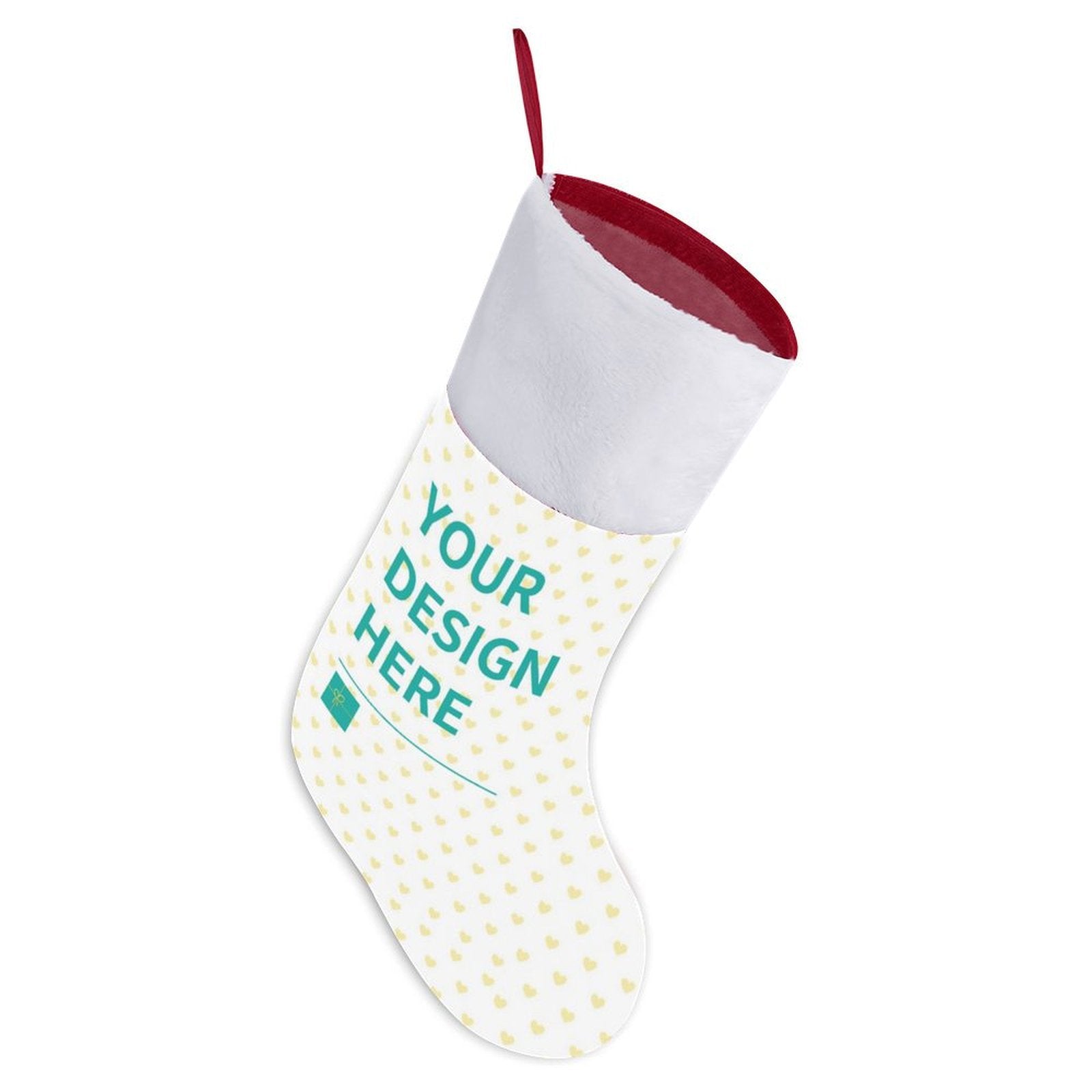 Customizable Christmas stocking with heart pattern and 'Your Design Here' text, perfect for holiday decor and gifting.