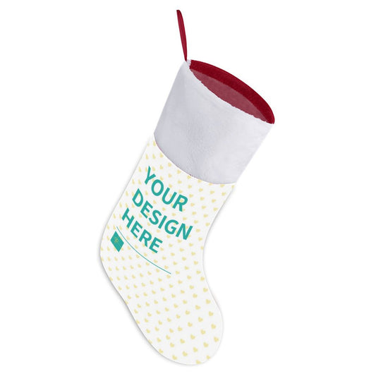 Customizable Christmas stocking with heart pattern and 'Your Design Here' text, perfect for holiday decor and gifting.