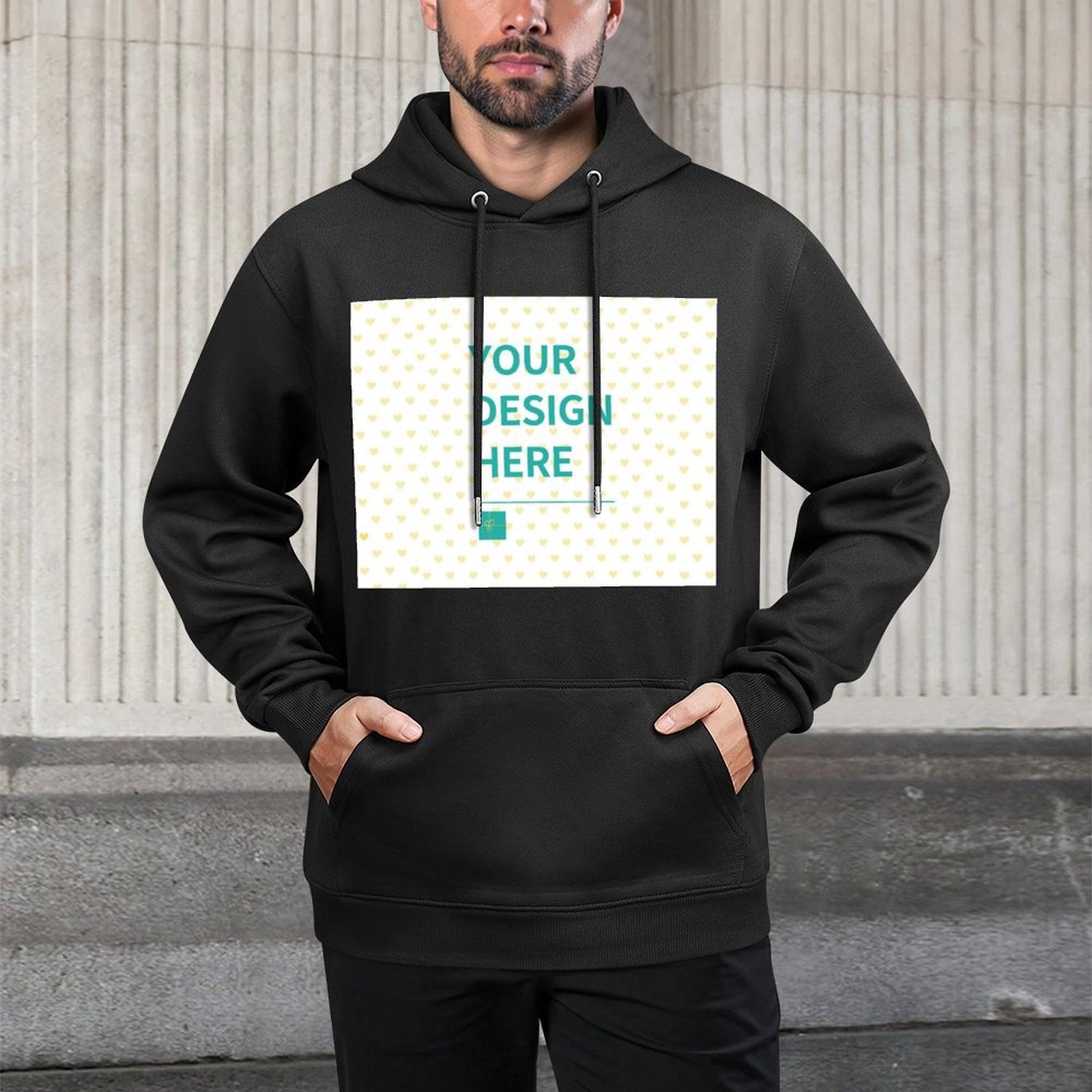 Custom black men's hooded sweatshirt with personalized design option. Made in USA.