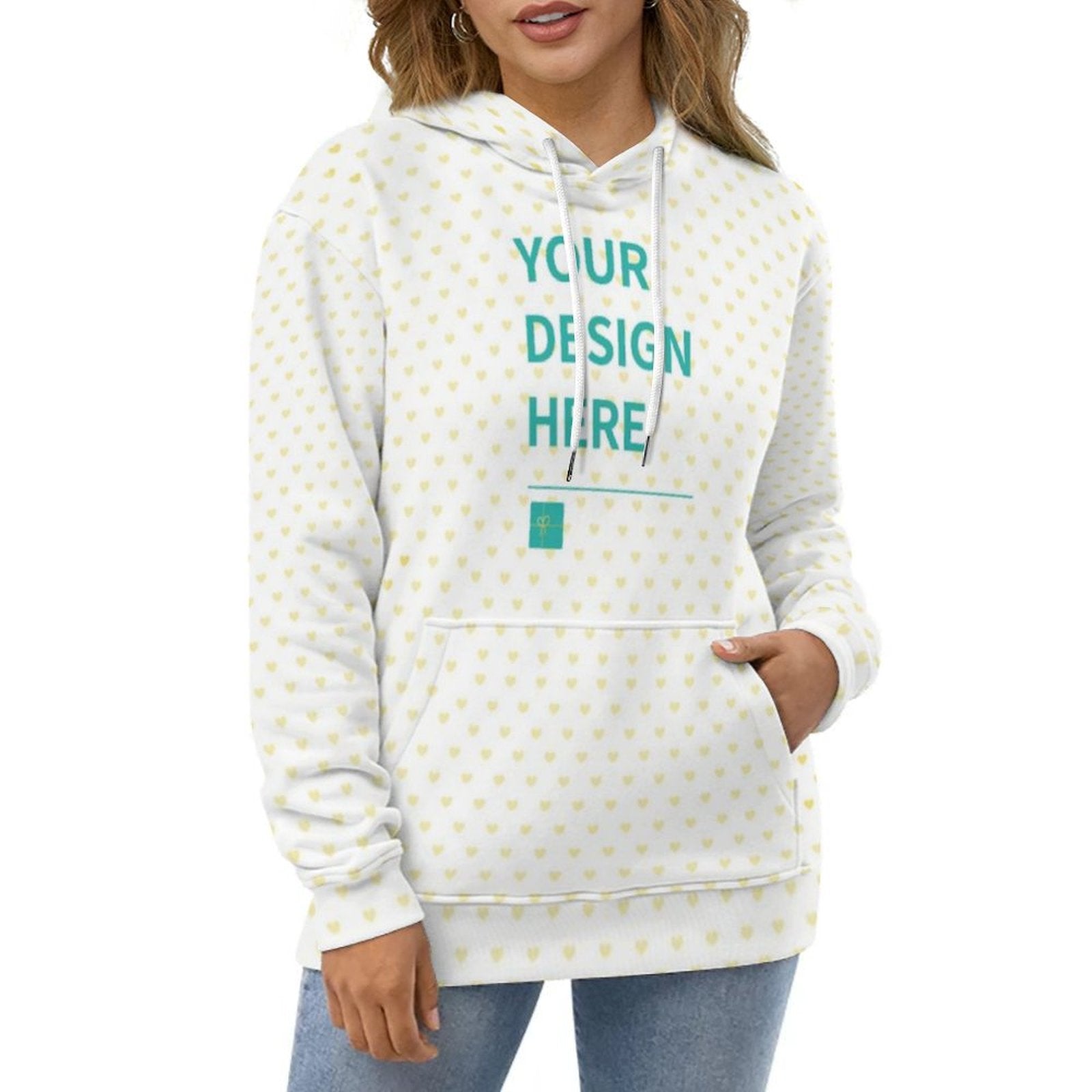 Custom men's hoodie with heart pattern, featuring 'YOUR DESIGN HERE', from MyArtsyGift