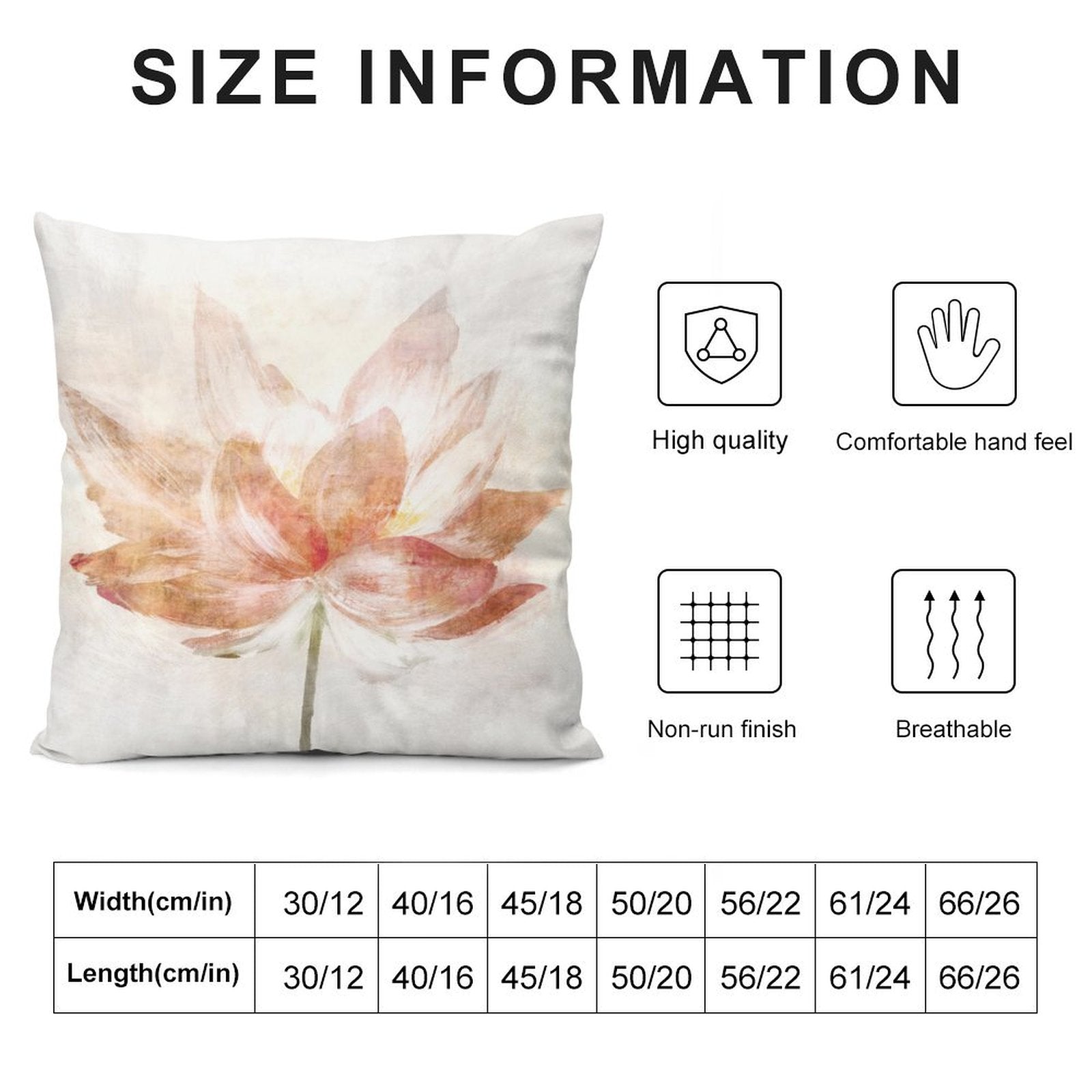 Plush throw pillow cover size information with watercolor lotus design, high quality, comfortable, and breathable.
