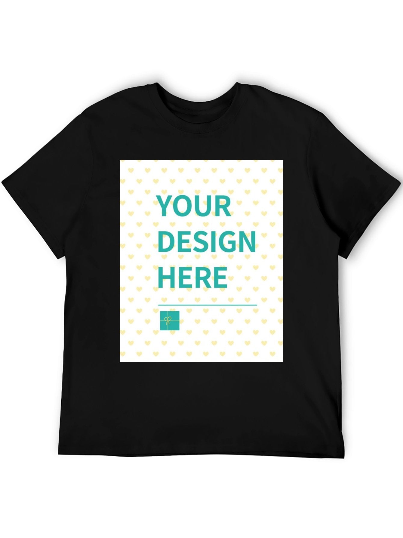 Customizable black men's t-shirt with "YOUR DESIGN HERE" design, heart pattern, and short sleeves.