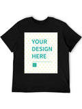 Customizable black men's t-shirt with "YOUR DESIGN HERE" design, heart pattern, and short sleeves.
