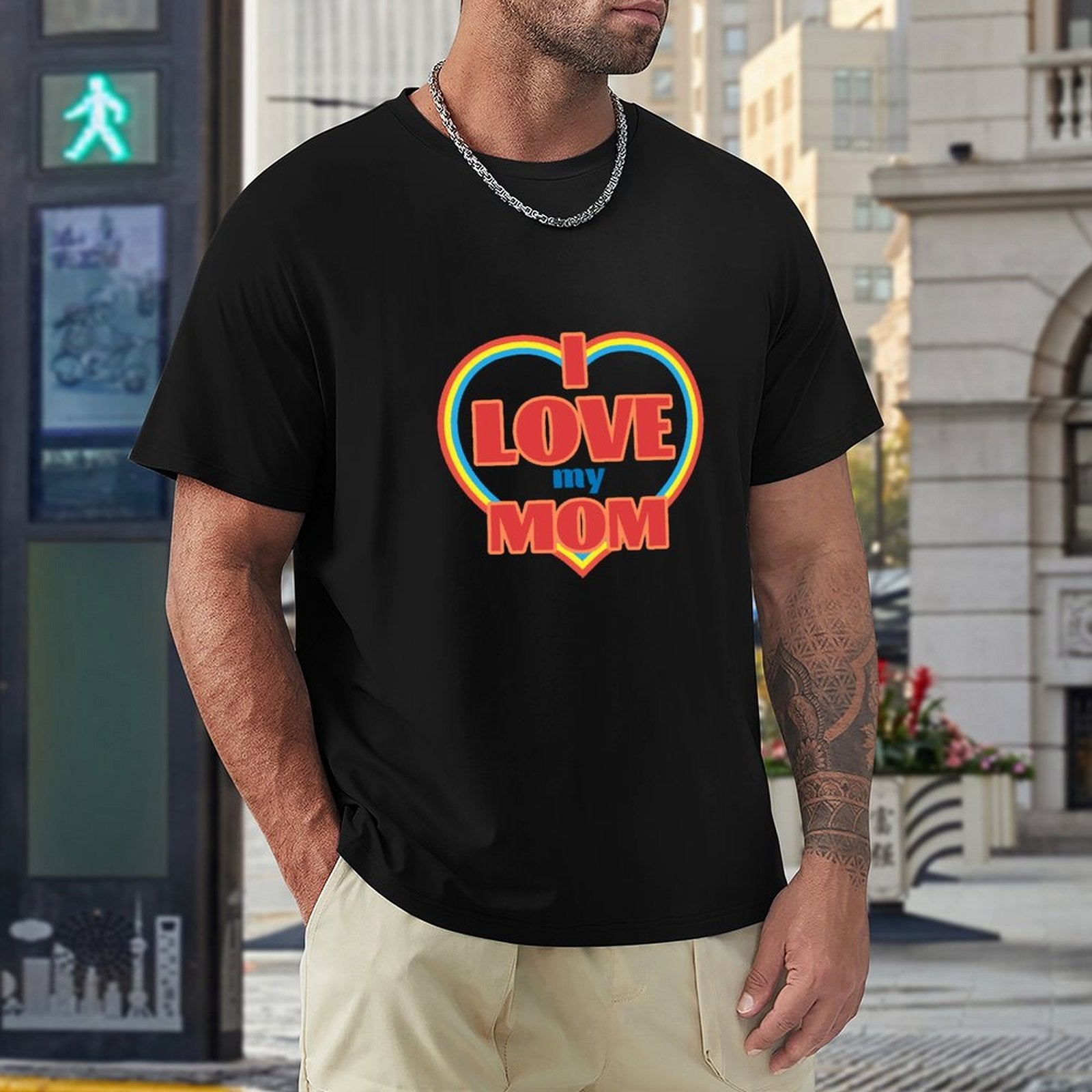 Black crew neck t-shirt with 'I Love My Mom' design, MyArtsyGift apparel for men, comfortable cotton tee.