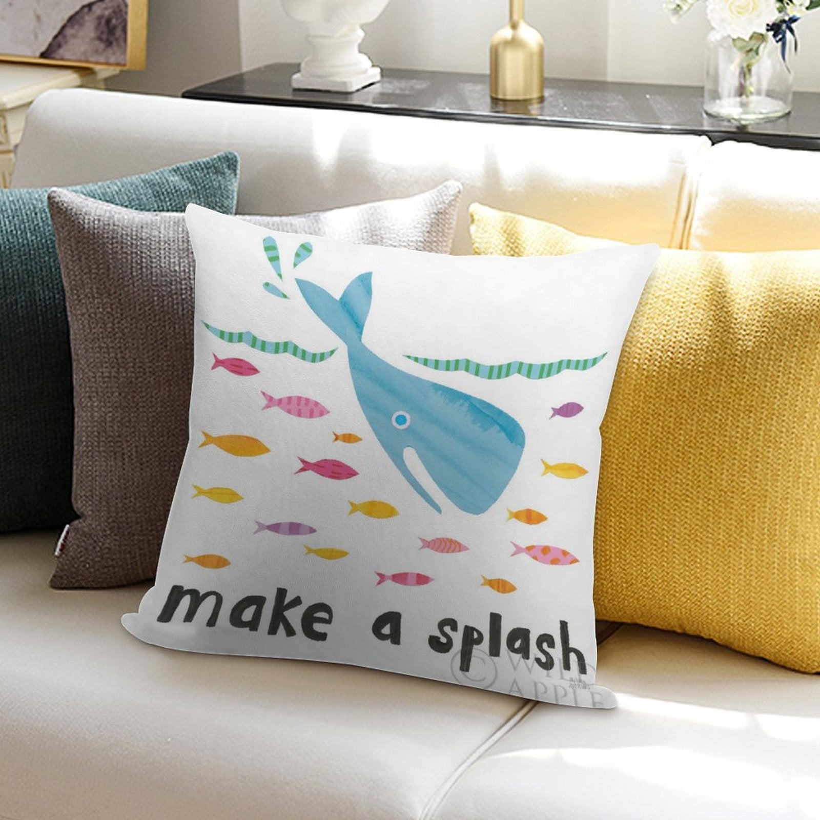 Ocean themed throw pillow case with whale and fish illustrations, 'make a splash' design for living room decor