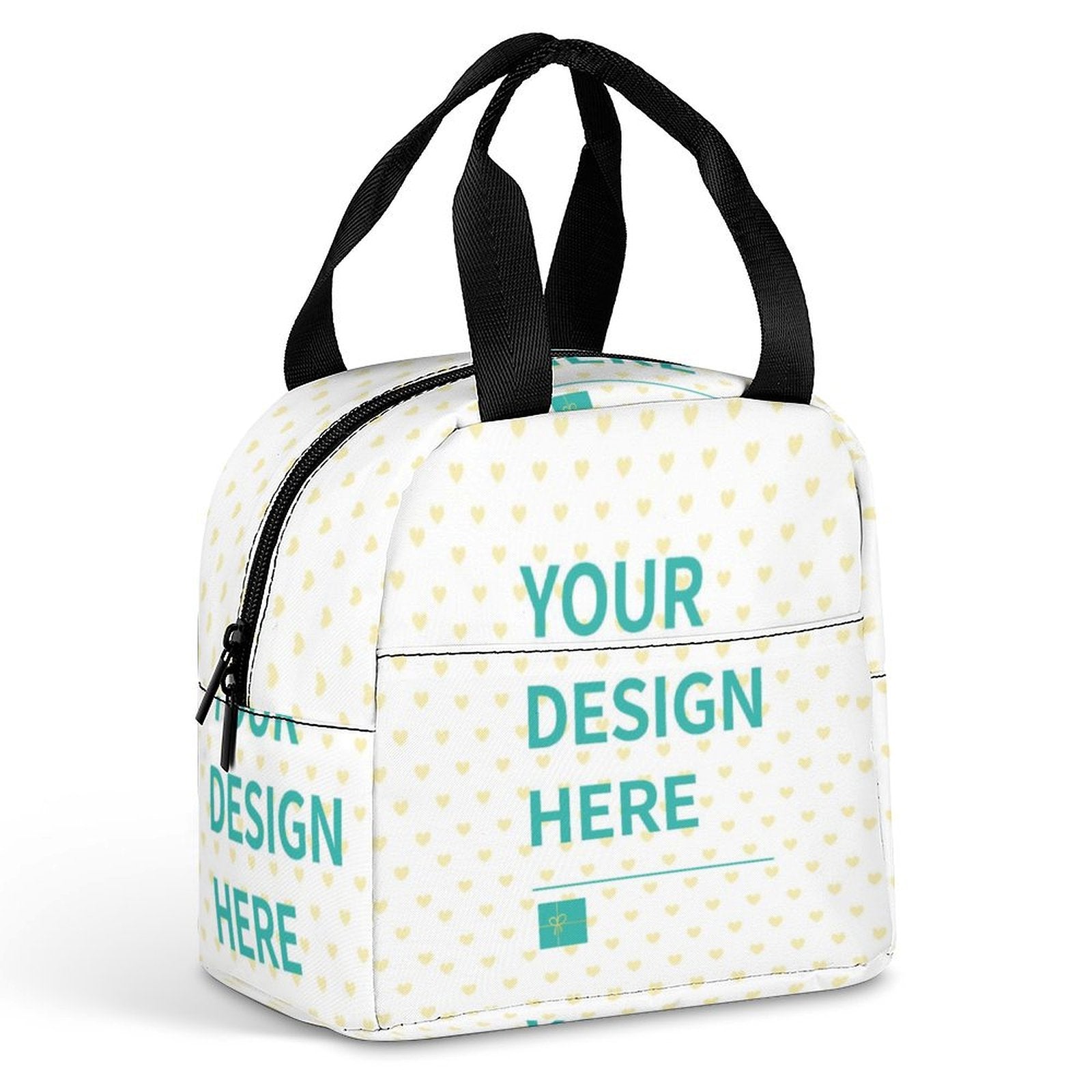 Custom insulated lunch bag with heart pattern and design text; reusable and durable for work, travel, or school.