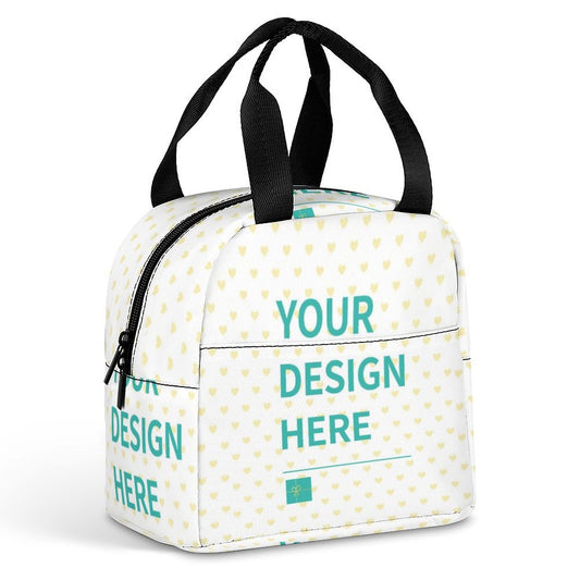 Custom insulated lunch bag with heart pattern and design text; reusable and durable for work, travel, or school.