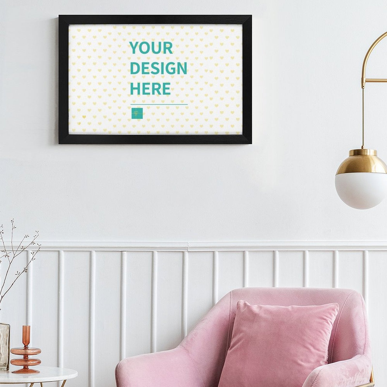 Personalized canvas print with black frame and custom design option for wall art, text "YOUR DESIGN HERE"