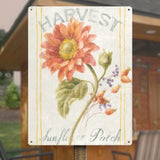 Harvest Sunflower Patch Metal Sign in USA. Iron wall art with floral illustration and vintage style.