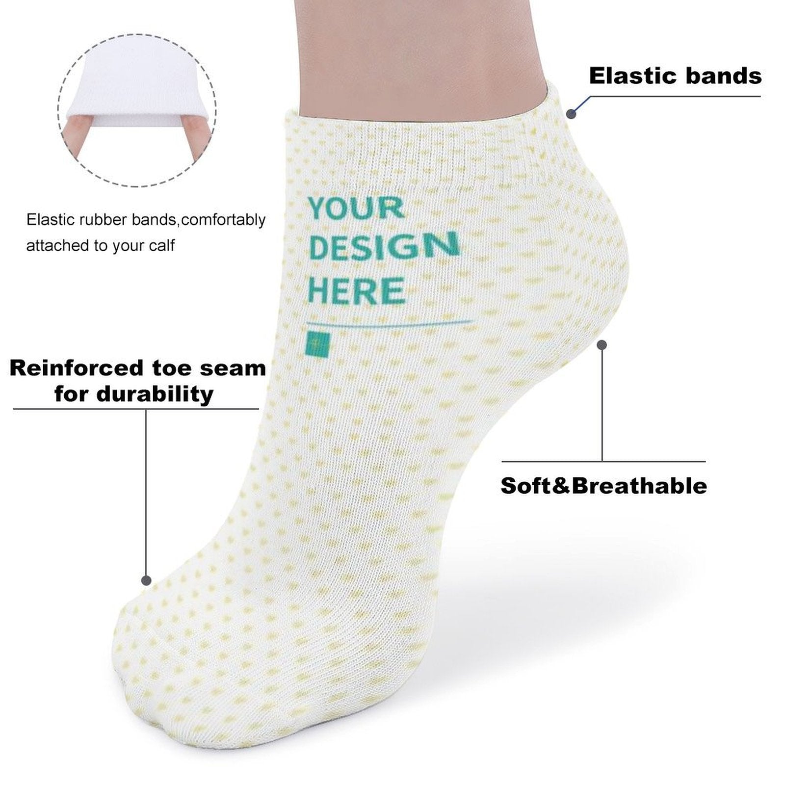 Customizable short socks with your design, elastic bands and reinforced toe seam for durability, soft and breathable