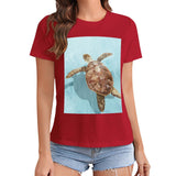 Women's red crewneck t-shirt with sea turtle graphic print, casual summer wear.