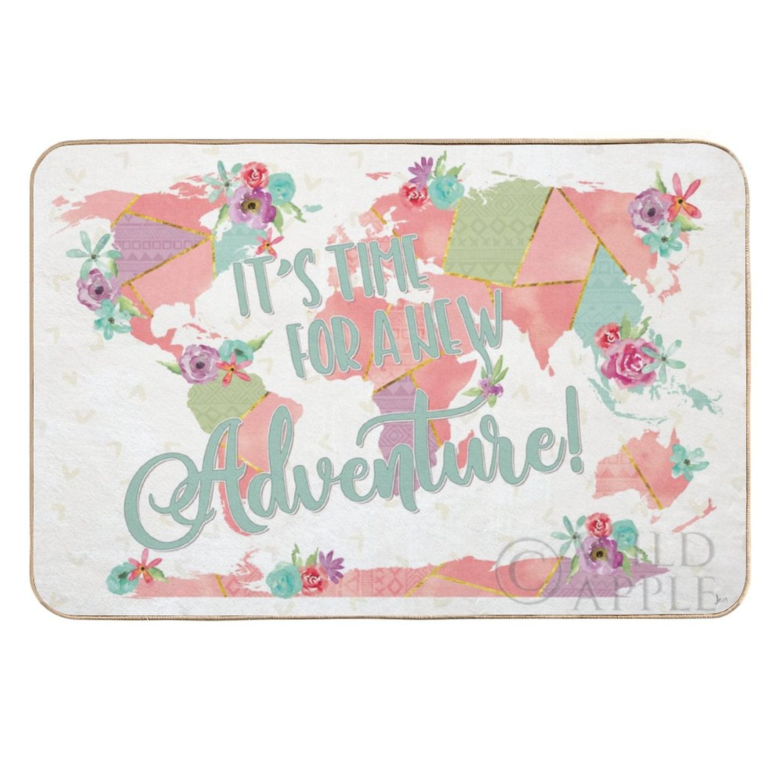 Personalized floor mat with floral world map, 'It's Time For a New Adventure!' quote, washable rug