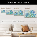 Canvas print size guide featuring blue hydrangeas and white roses, perfect wall decor for living rooms, available in 4 sizes