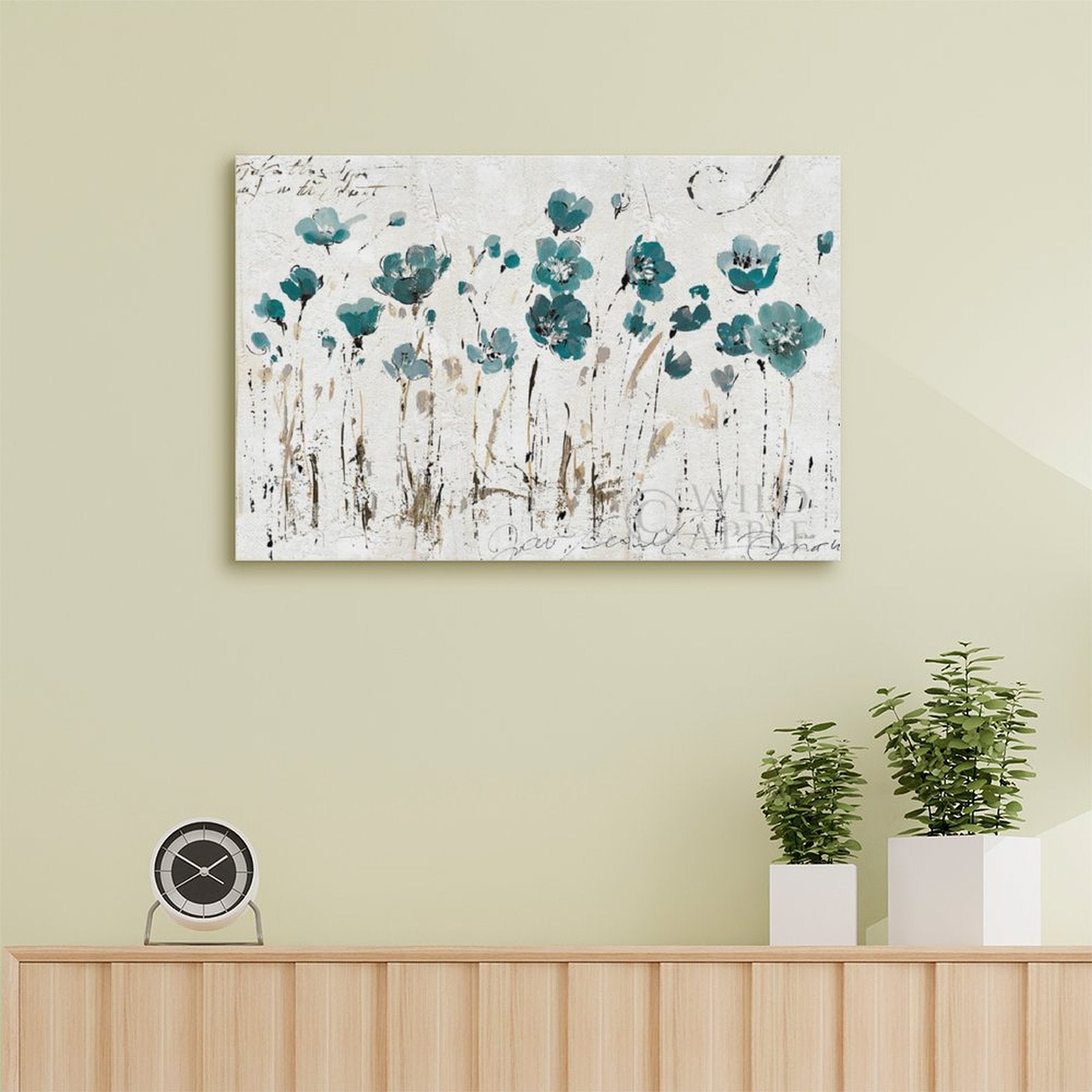 Abstract floral canvas print with teal flowers, wall art for home decor, USA made, suitable for living room or bedroom