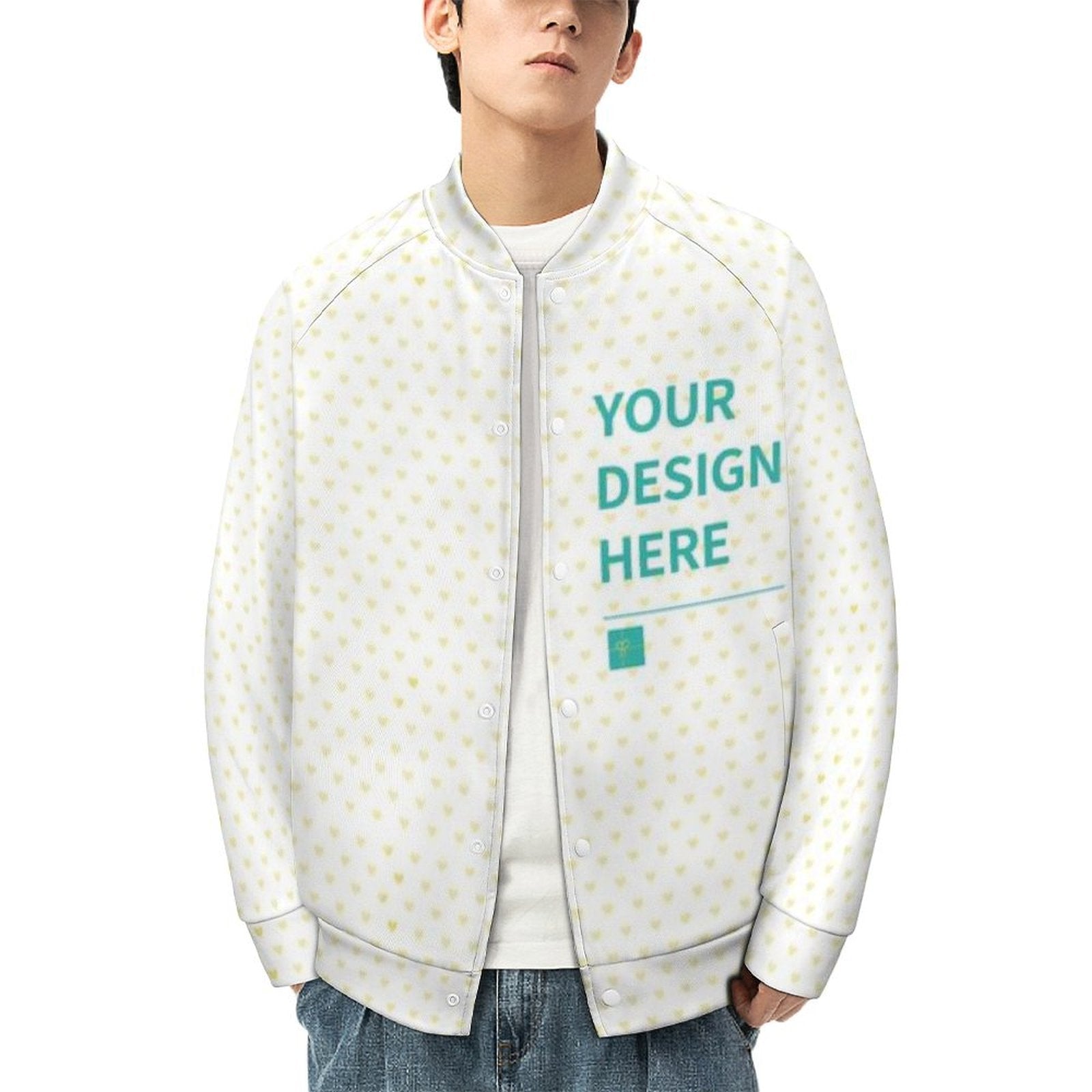 Men's personalized baseball jacket, white heart design. Customizable 'Your Design Here' varsity jacket.