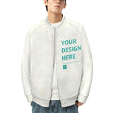 Men's personalized baseball jacket, white heart design. Customizable 'Your Design Here' varsity jacket.