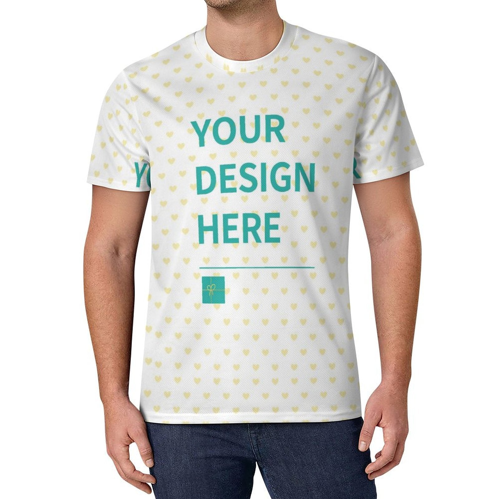 Customizable men's graphic t-shirt with 'YOUR DESIGN HERE' text, designed for personalization at MyArtsyGift.com