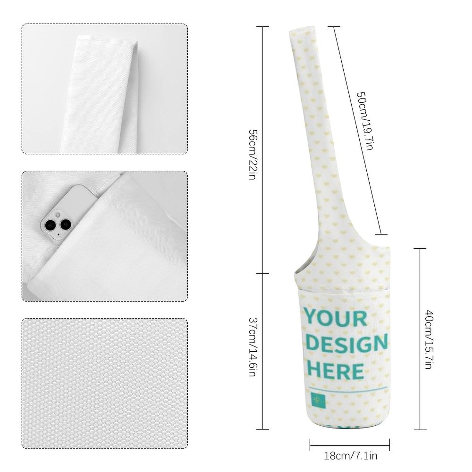 Personalized yoga mat bag for women, canvas with custom design option, supporting art and inclusivity.