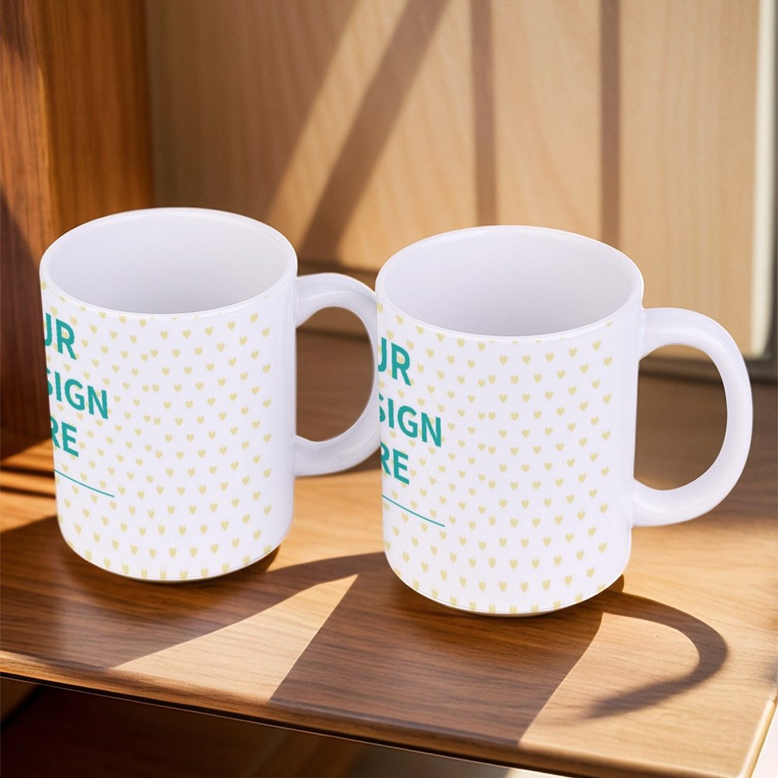 White ceramic mug with yellow heart pattern and "YOUR DESIGN HERE" text, perfect for personalized gifts, made in USA.