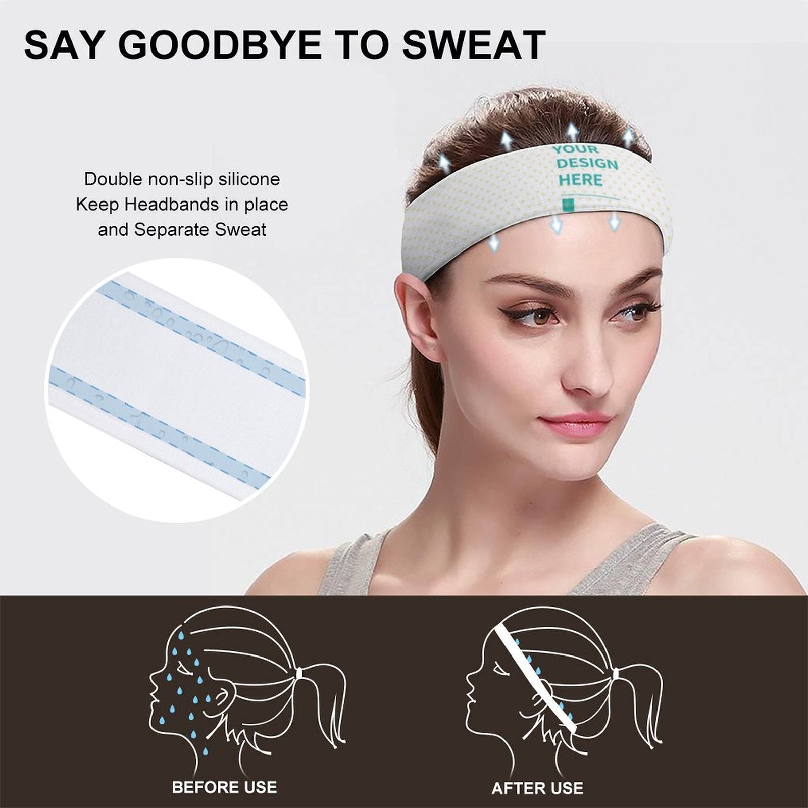 Custom sports headband with "YOUR DESIGN HERE", preventing sweat. Great for workouts with non-slip silicone.