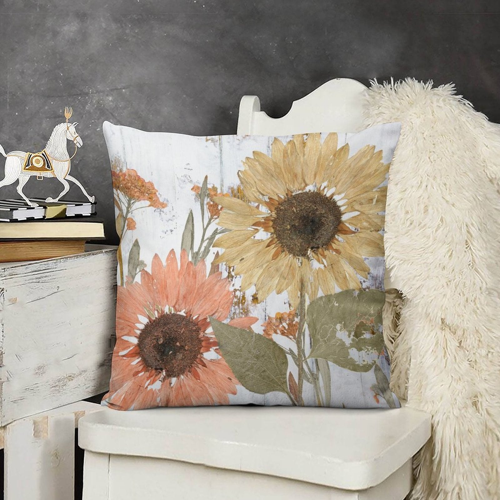 Plush throw pillow cover with vintage sunflower design, soft and fluffy decorative pillow for sofa and living room