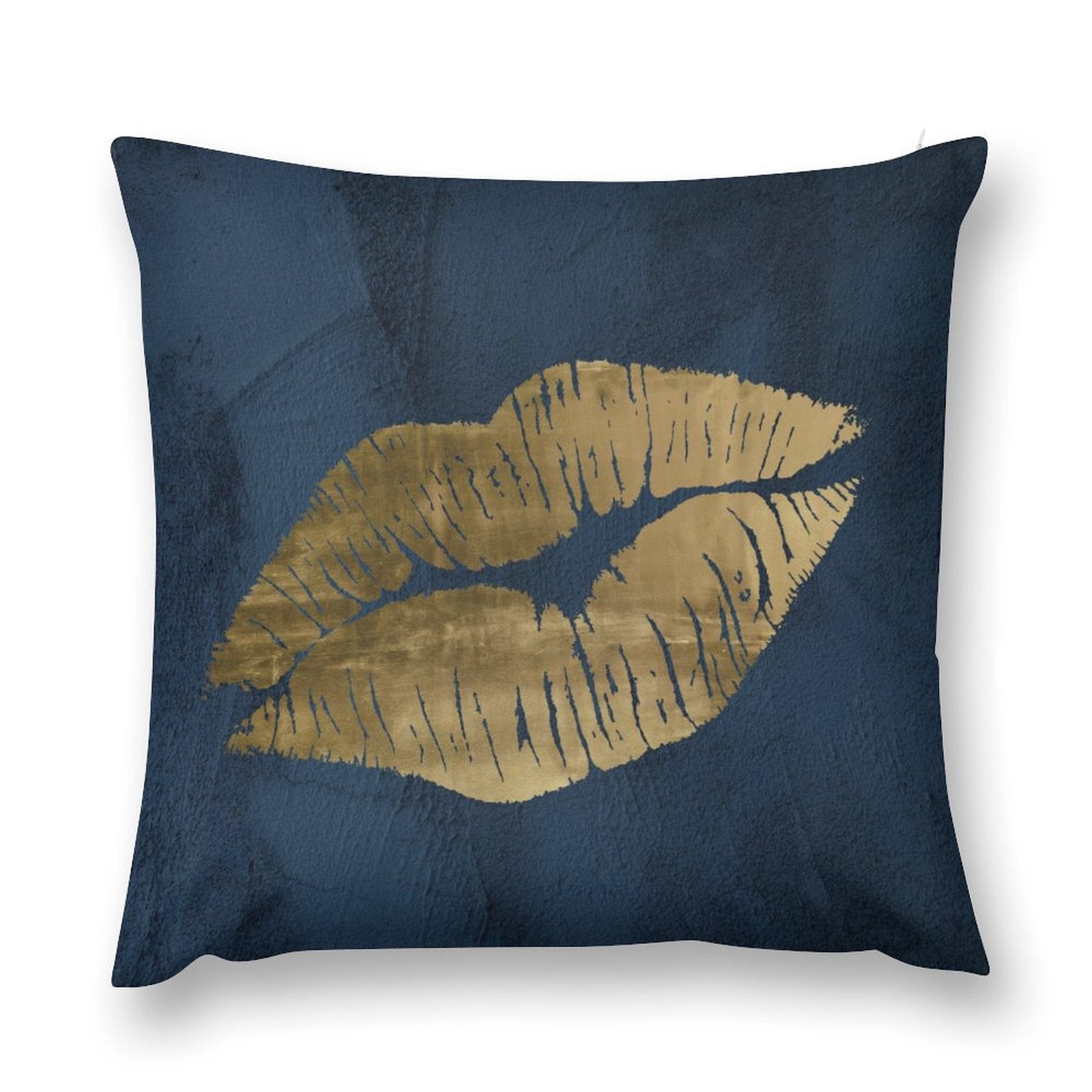 Decorative pillow cover with gold lips print on blue background, soft and fluffy for sofa or couch