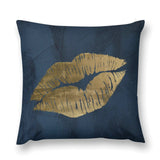 Luxury throw pillow cover with golden lips on a blue background, perfect for living room and bedroom decor