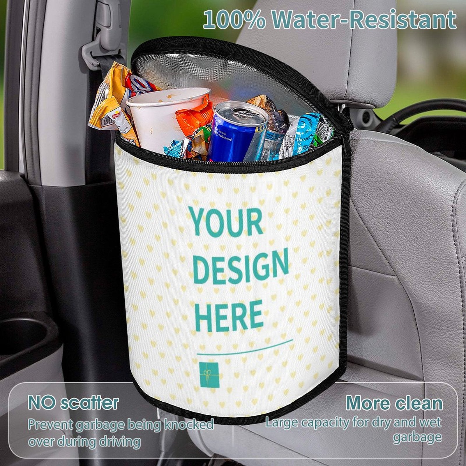 Customizable car trash bag with "YOUR DESIGN HERE" design, water-resistant polyester, car organizer, keeps car clean.