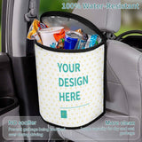 Customizable car trash bag with "YOUR DESIGN HERE" design, water-resistant polyester, car organizer, keeps car clean.