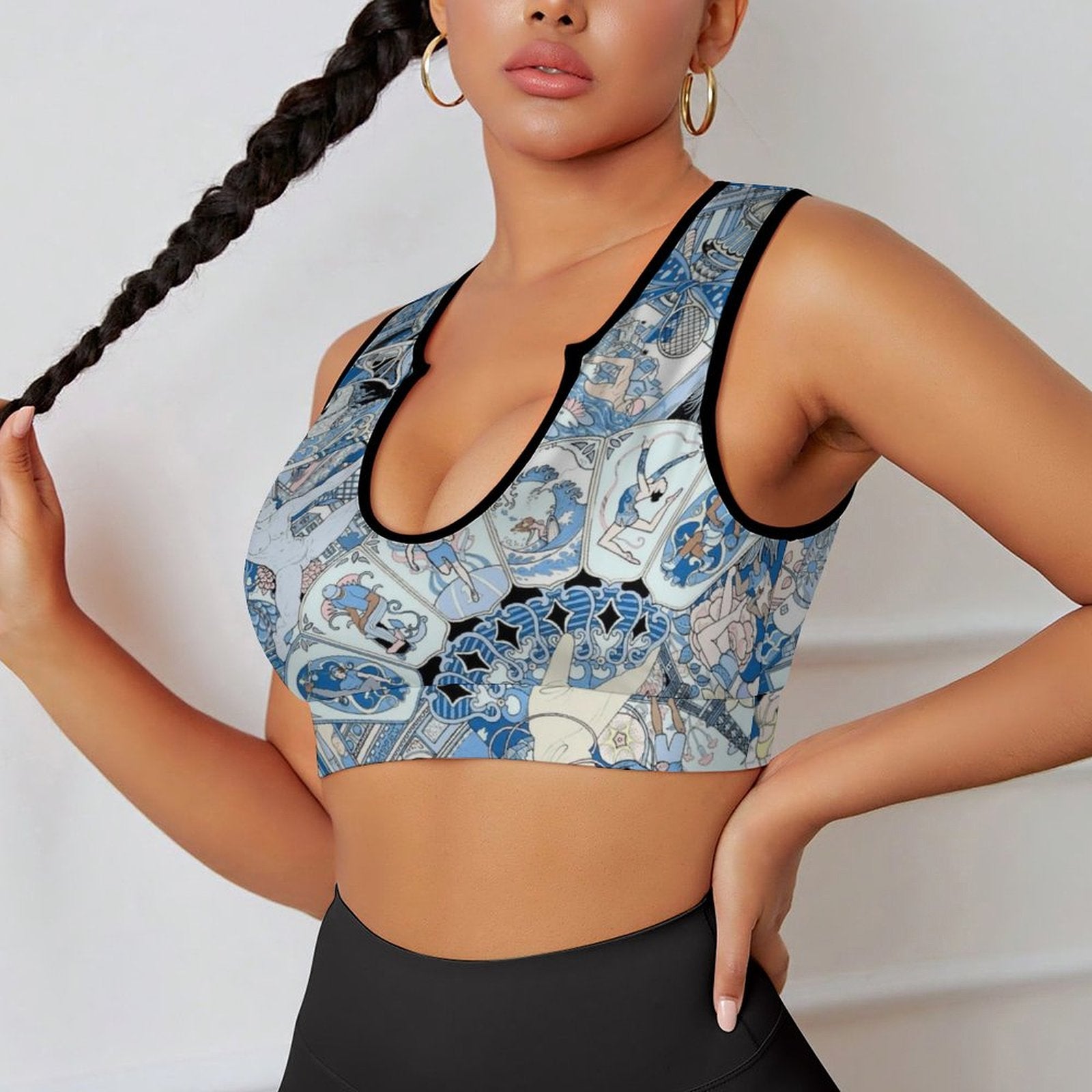 Artistic blue patterned sports bra for yoga and workouts, featuring athletic figures, U-neck design, comfortable and stylish