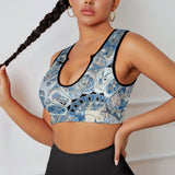Artistic blue patterned sports bra for yoga and workouts, featuring athletic figures, U-neck design, comfortable and stylish