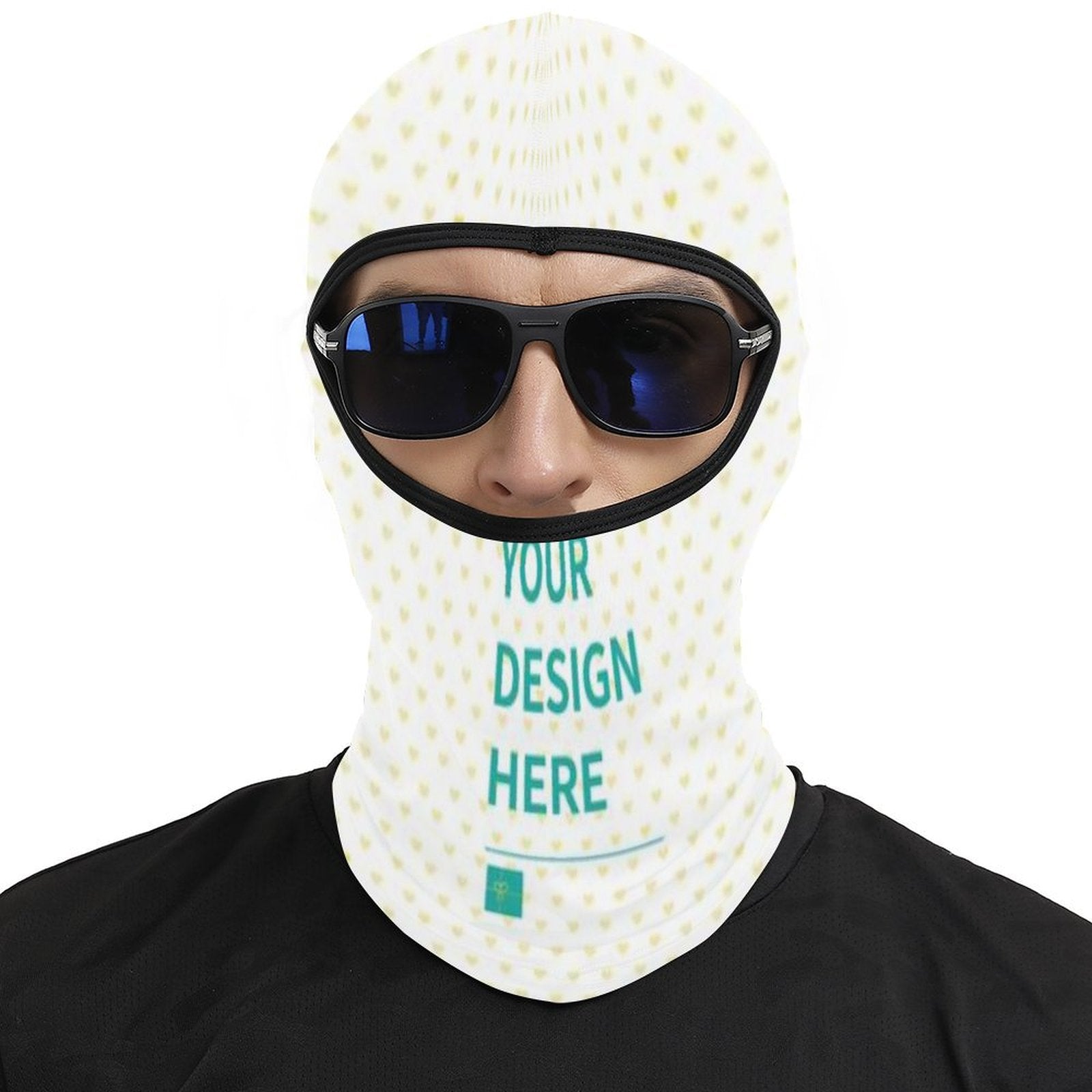 Customizable ski mask balaclava with 'YOUR DESIGN HERE'. Personalized winter face mask with heart pattern. Unisex design.