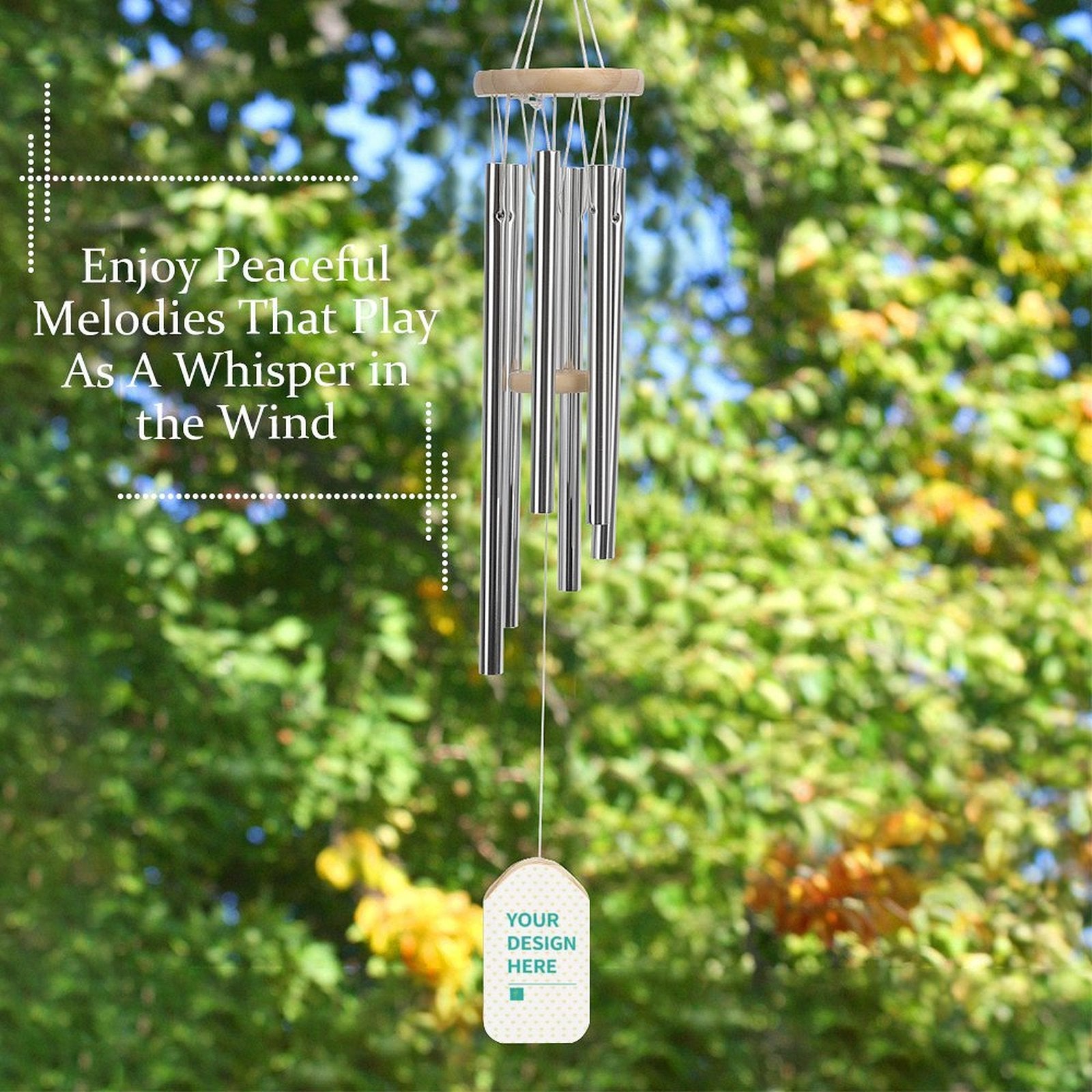 Personalized wind chime for garden decor, with aluminum tubes and wooden accents. Customizable design for patio and home.