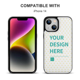 Customizable iPhone 14 phone case with 'YOUR DESIGN HERE' PU leather material, available at MyArtsyGift