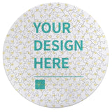 Personalized round photo puzzle with "YOUR DESIGN HERE" text, poplar wood, animal shapes and a gift box.