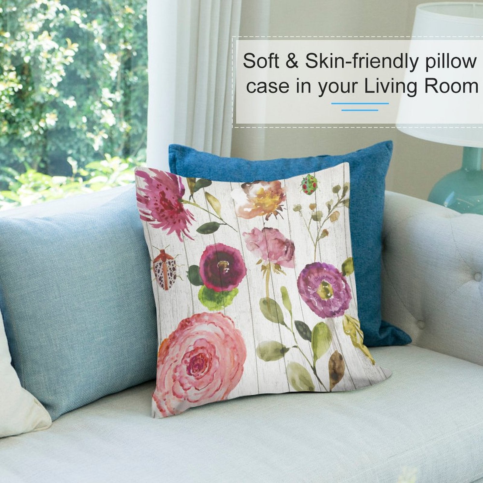 Soft floral pillow cover on sofa in living room, MyArtsyGift, short plush fabric. Decorative pillow for couch.