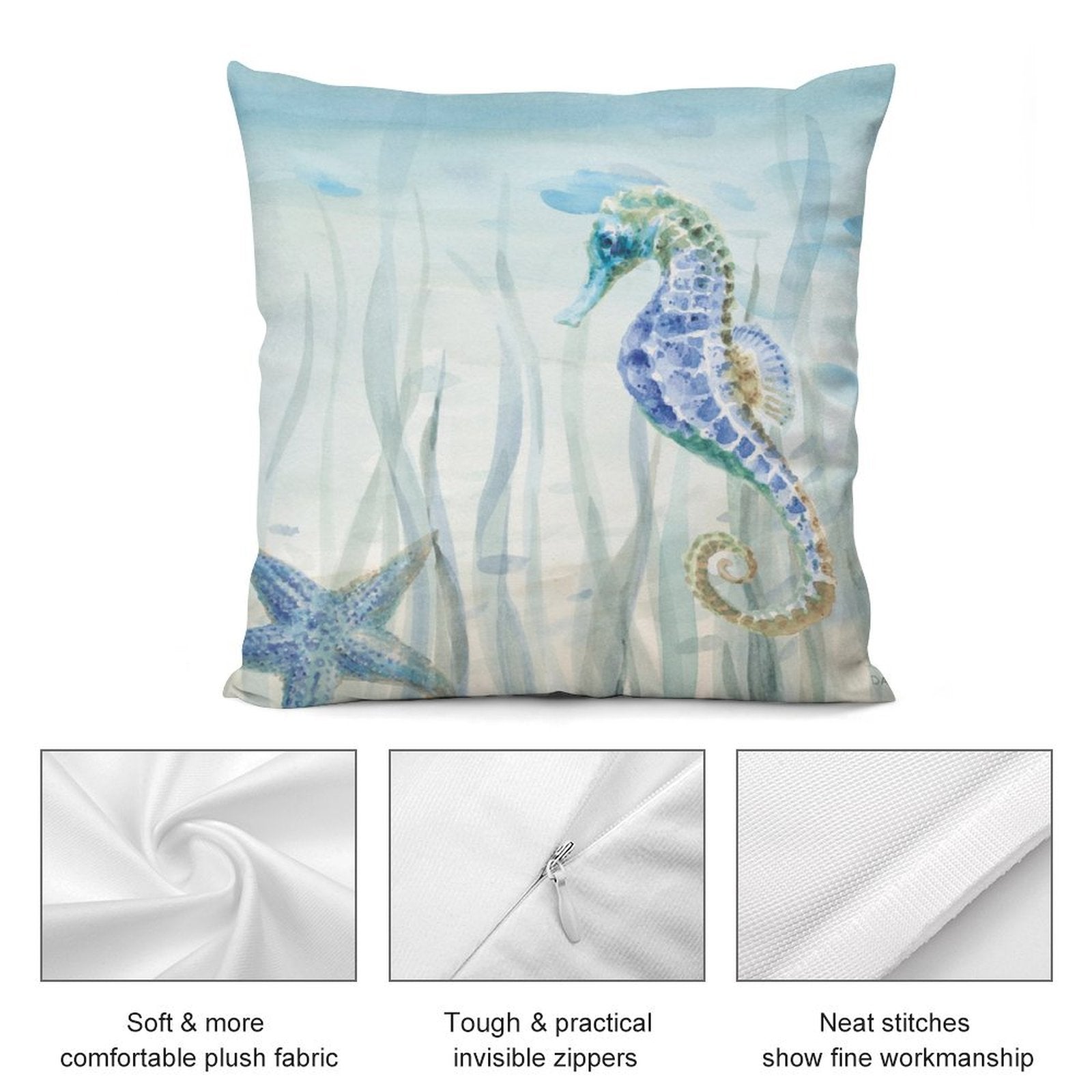 Plush pillow cover with watercolor seahorse and starfish design, soft fabric, invisible zipper, and neat stitches.